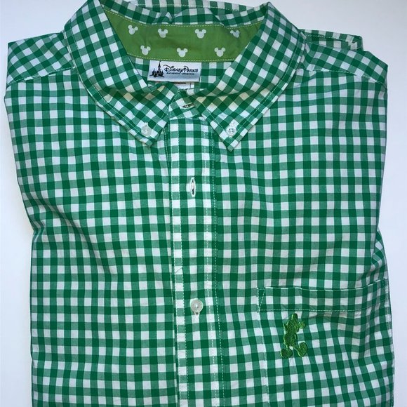Disney Men's Gingham Green Flip Cuff Embroidered Pocket Button Down Shirt - Picture 2 of 10